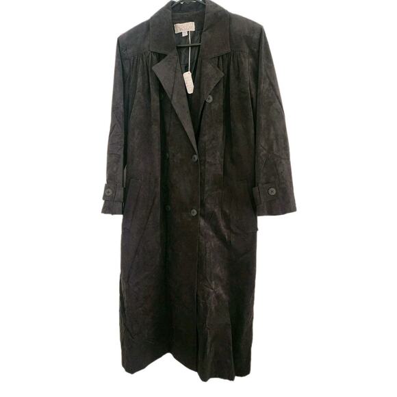 Women's Vintage Black Ultra Suede Trench Coat Duster 1970s Size 4 Gino Rossi - Picture 2 of 16